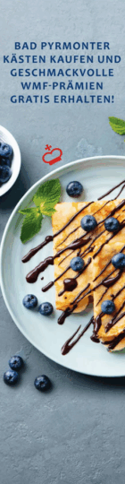 Werbebanner mit Crêpes und Heidelbeeren: Text 'Bad Pyrmonter Kästen kaufen und geschmackvolle WMF-Prämien gratis erhalten!' über einem Bild von Crêpes mit Schokosauce und frischen Heidelbeeren auf einem hellblauen Teller. Daneben eine Schale mit Heidelbeeren und einige Beeren lose auf grauem Untergrund.