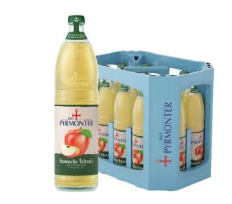 Eine Flasche Bad Pyrmonter Heimische Schorle naturtrüber Apfel und dazu ein Kasten
