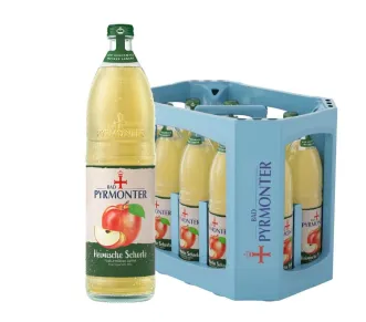 Eine Flasche Bad Pyrmonter Heimische Schorle naturtrüber Apfel und dazu ein Kasten