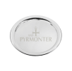 Silbernes Tablett mit Bad Pyrmonter Logo auf weißem Hintergrund.