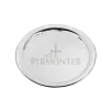 Silbernes Tablett mit Bad Pyrmonter Logo auf weißem Hintergrund.