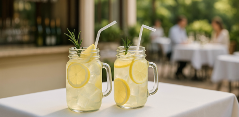 Zwei Gläser Limonade mit Zitronenscheiben und Strohhalmen auf einem Tisch im Freien.