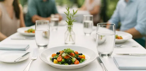 Gedeckter Tisch mit Salatschüssel, Wassergläsern und vier Personen im Hintergrund.