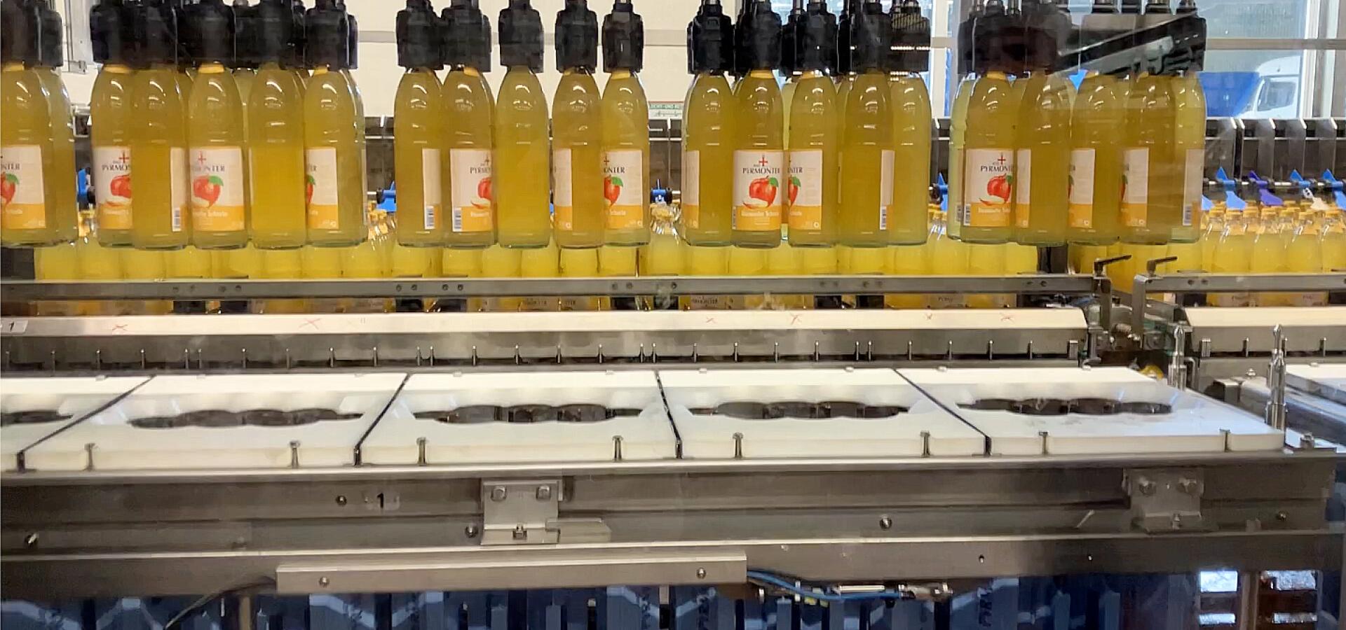 Produktionslinie mit Bad Pyrmonter Schorle-Flaschen in einer Abfüllanlage.