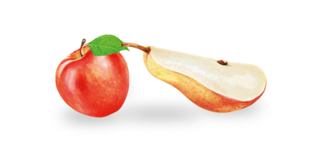 Ein roter Apfel und eine halb Birne