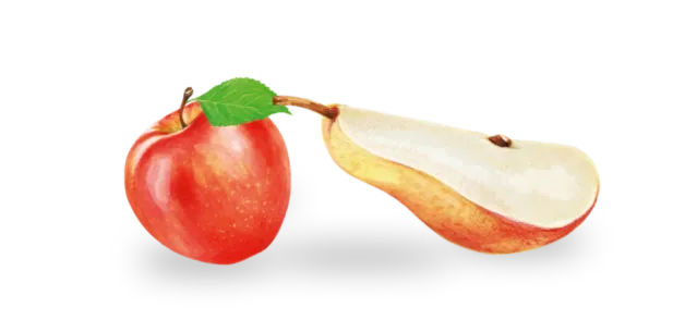 Ein roter Apfel und eine halb Birne