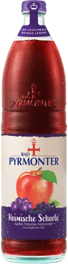 Eine Flaschenabbildung von Bad Pyrmonter Heimische Schorle Apfel-Traube-Holunder.
