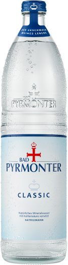 Eine Flaschenabbildung von Bad Pyrmonter Mineralwasser Classic Glas.