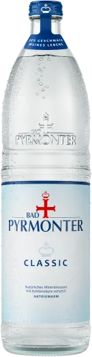 Eine Flaschenabbildung von Bad Pyrmonter Mineralwasser Classic Glas.