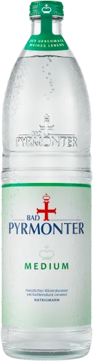 Eine Flaschenabbildung von Bad Pyrmonter Mineralwasser Medium Glas.