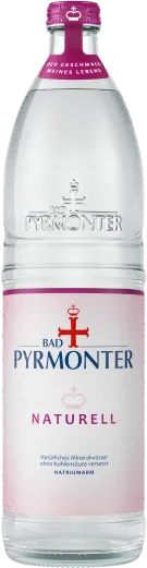 Eine Flaschenabbildung von Bad Pyrmonter Mineralwasser Naturell Glas.