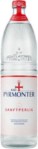 Eine Flaschenabbildung von Bad Pyrmonter Mineralwasser Sanftperlig Glas.