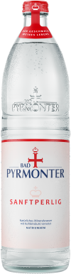 Eine Flaschenabbildung von Bad Pyrmonter Mineralwasser Sanftperlig Glas.