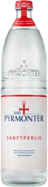 Eine Flaschenabbildung von Bad Pyrmonter Mineralwasser Sanftperlig Glas.