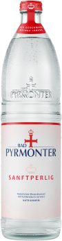 Eine Flaschenabbildung von Bad Pyrmonter Mineralwasser Sanftperlig Glas.
