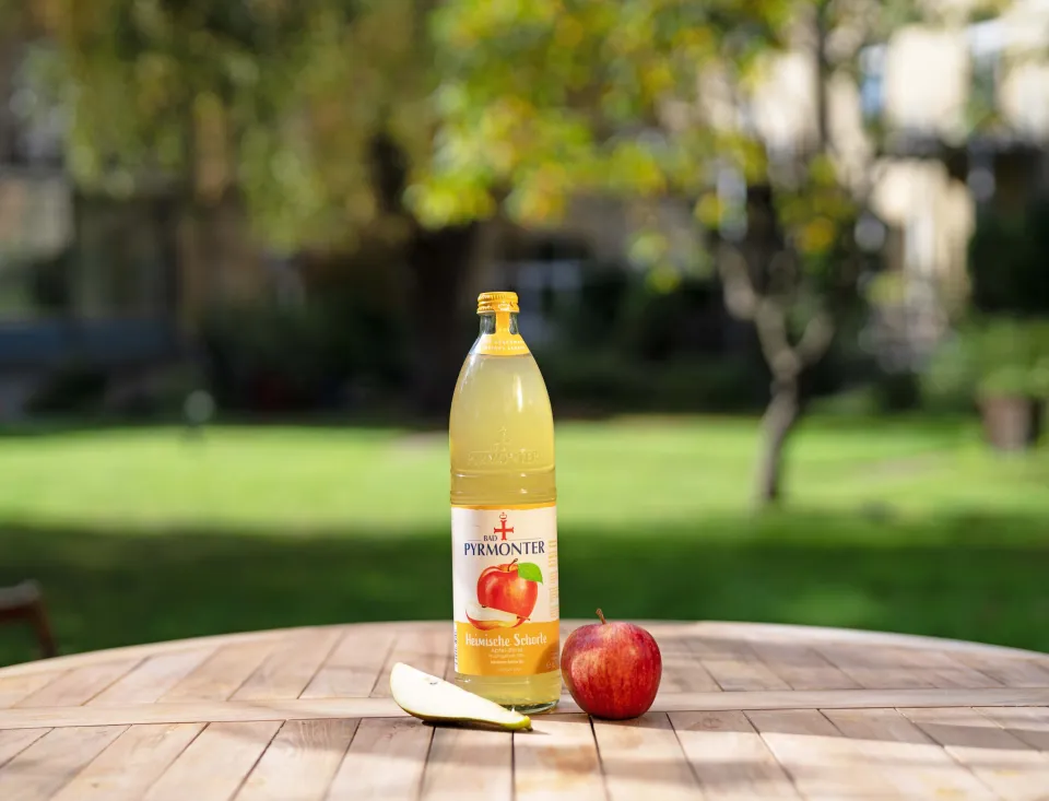 Bad Pyrmonter Heimische Schorle Apfel Birne auf einem Holztisch vor Naturhintergrund.