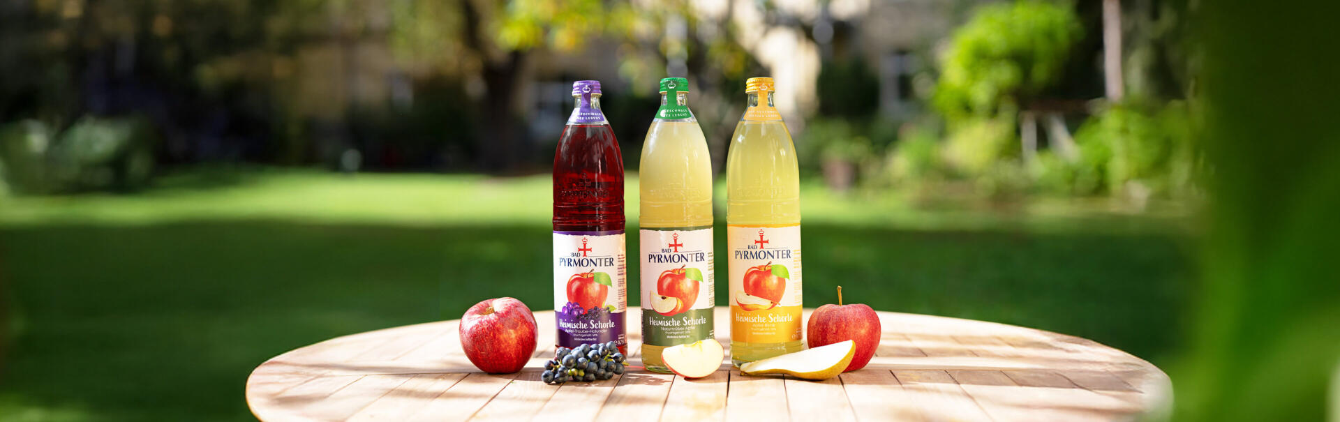 Drei Flaschen Bad Pyrmonter Heimische Schorle in den Sorten Traube, Apfel und Apfel naturtrüb mit frischen Früchten.