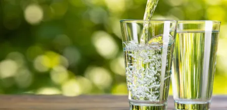 Zwei Wassergläser stehen auf einem Holztisch in grüner Naturumgebung. Ein Glas enthält stilles Wasser, das andere sprudelndes Wasser, in das gerade Wasser eingegossen wird. Im Hintergrund sind unscharf Pflanzen und Grünflächen zu sehen.