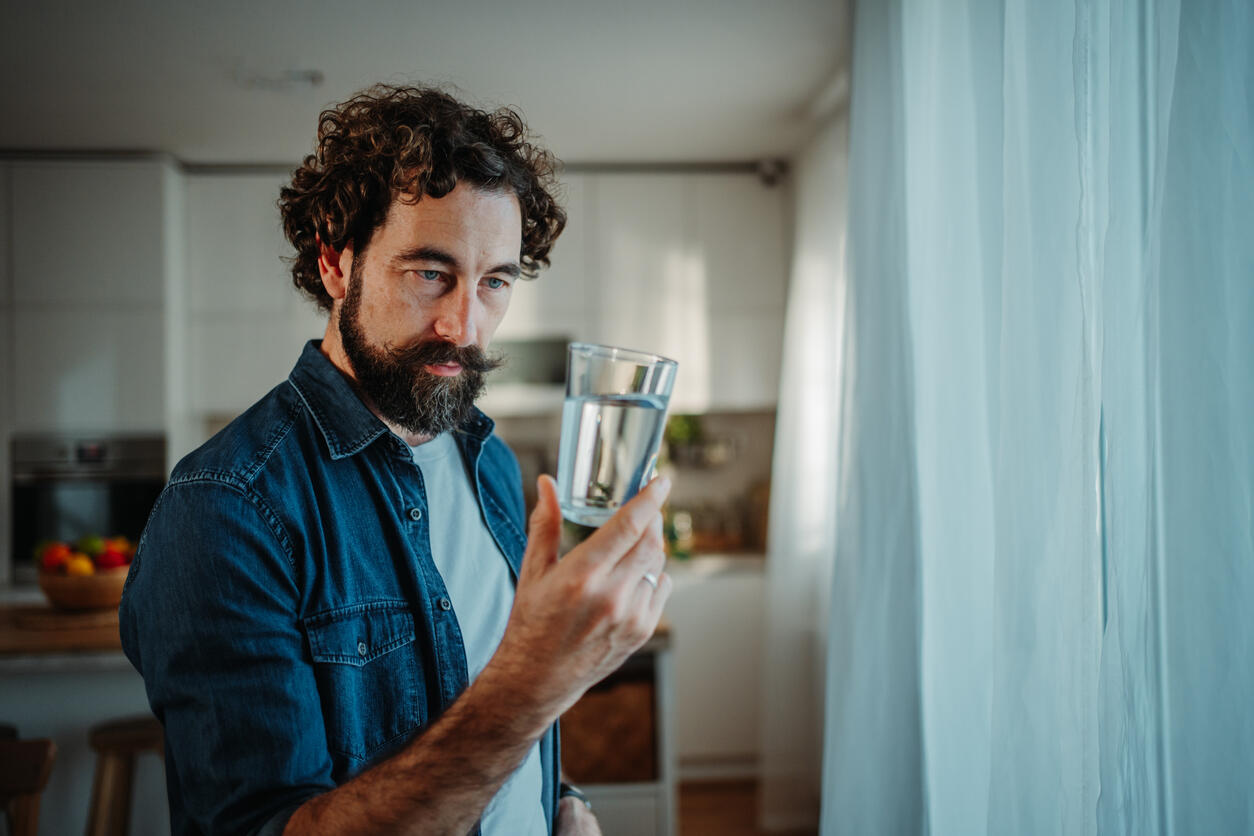 Mann mit lockigem Haar und Bart steht in einer hellen Küche am Fenster und hält ein gefülltes Wasserglas auf Augenhöhe, während er den Inhalt aufmerksam betrachtet.