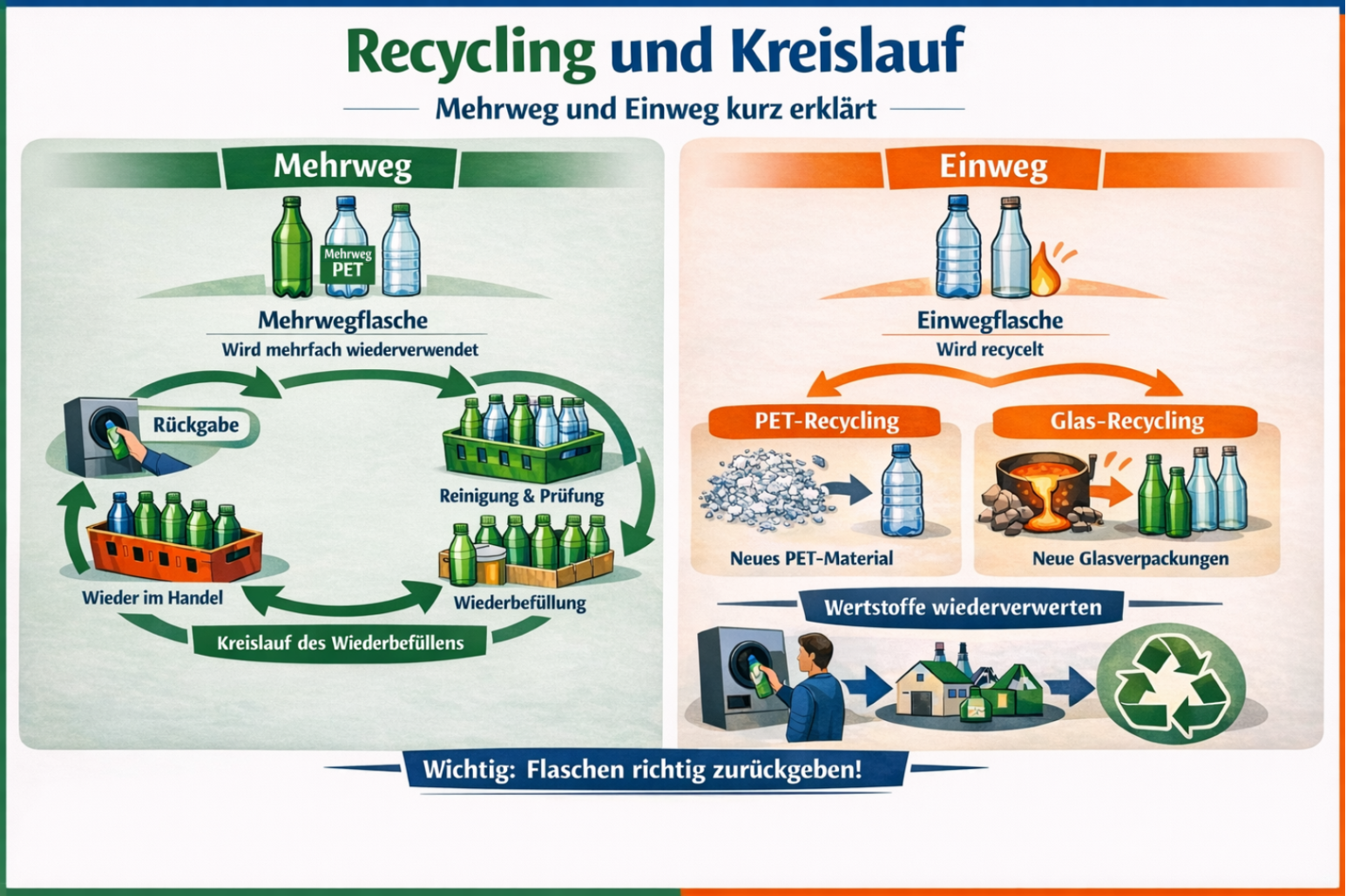 Infografik zum Thema Recycling und Kreislauf mit Gegenüberstellung von Mehrweg und Einweg: Links wird der Mehrwegkreislauf mit Rückgabe, Reinigung, Prüfung, Wiederbefüllung und erneutem Verkauf gezeigt, rechts das Recycling von Einwegflaschen zu neuem PET-Material und neuen Glasverpackungen; hervorgehoben wird die richtige Rückgabe von Flaschen.