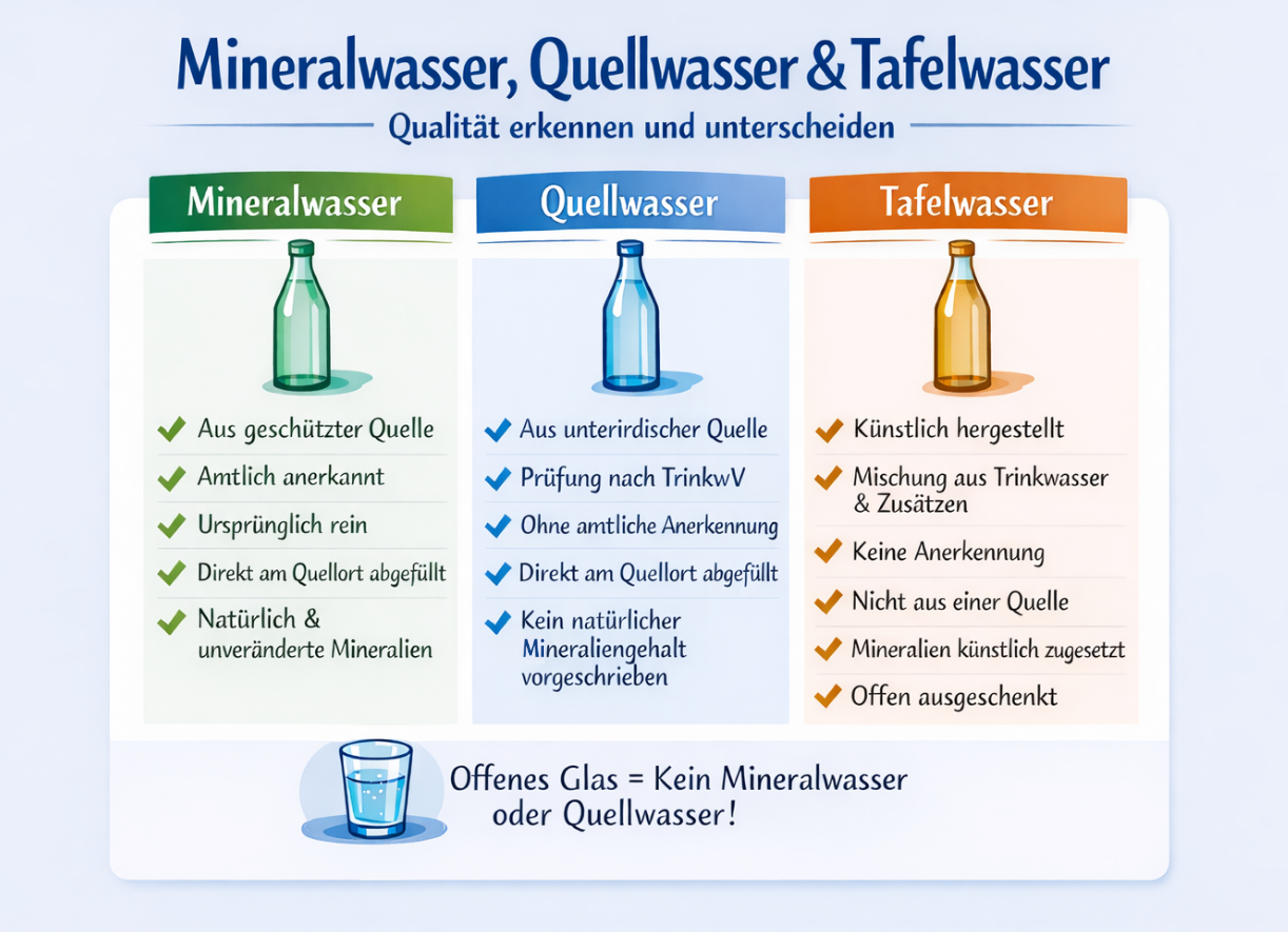 Infografik zum Vergleich von Mineralwasser, Quellwasser und Tafelwasser mit drei farblich getrennten Spalten und den jeweiligen Eigenschaften; Hinweis unten: Offenes Glas ist kein Mineral- oder Quellwasser.