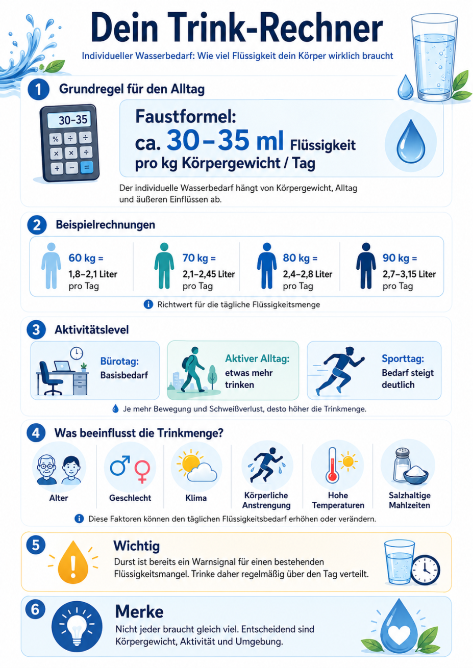 Infografik „Dein Trink-Rechner“ mit Faustformel für den täglichen Wasserbedarf von etwa 30–35 ml pro Kilogramm Körpergewicht. Sie zeigt Beispielrechnungen, Aktivitätslevel und Faktoren wie Alter, Geschlecht, Klima, Anstrengung, hohe Temperaturen und salzhaltige Mahlzeiten.