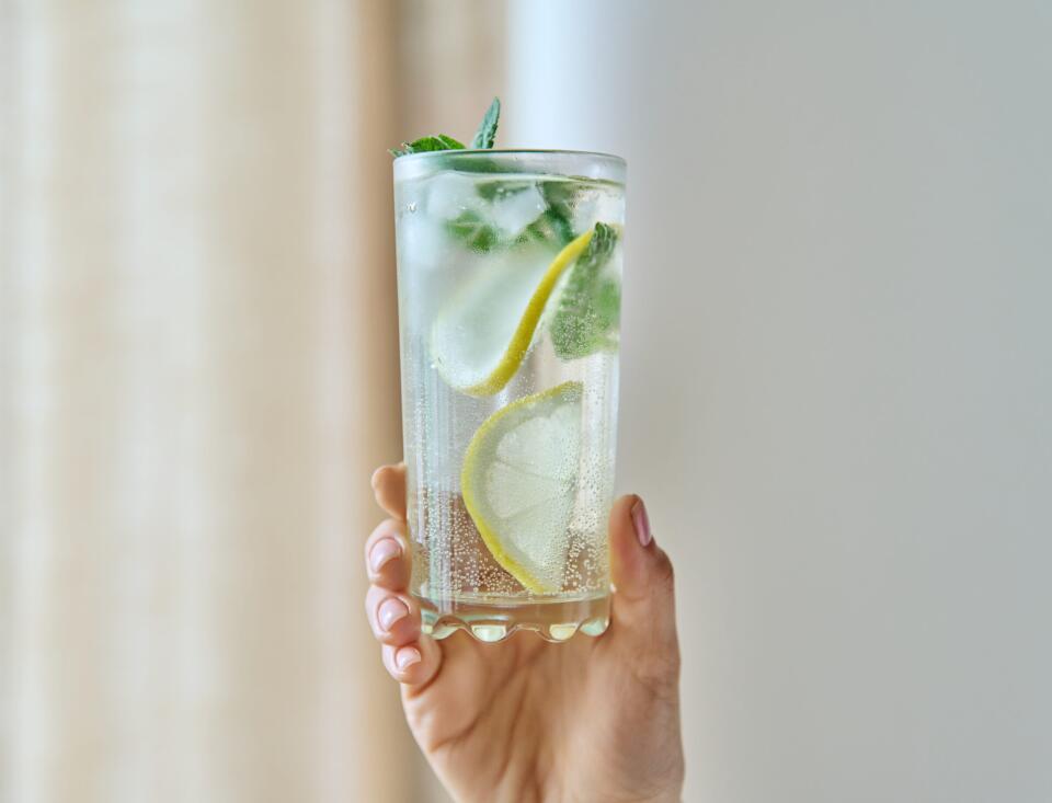 Hand hält ein hohes Glas mit sprudelndem Wasser, Eiswürfeln, Zitronenscheiben und frischer Minze vor hellem, unscharfem Hintergrund.