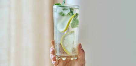 Hand hält ein hohes Glas mit sprudelndem Wasser, Eiswürfeln, Zitronenscheiben und frischer Minze vor hellem, unscharfem Hintergrund.