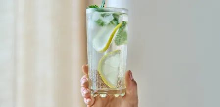 Hand hält ein hohes Glas mit sprudelndem Wasser, Eiswürfeln, Zitronenscheiben und frischer Minze vor hellem, unscharfem Hintergrund.