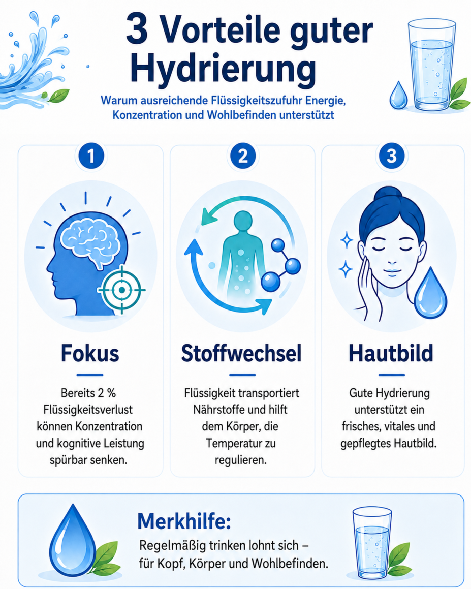 Infografik mit dem Titel „3 Vorteile guter Hydrierung“. Sie erklärt, dass ausreichende Flüssigkeitszufuhr Fokus, Stoffwechsel und Hautbild unterstützt, und zeigt passende blaue Illustrationen zu den drei Bereichen.