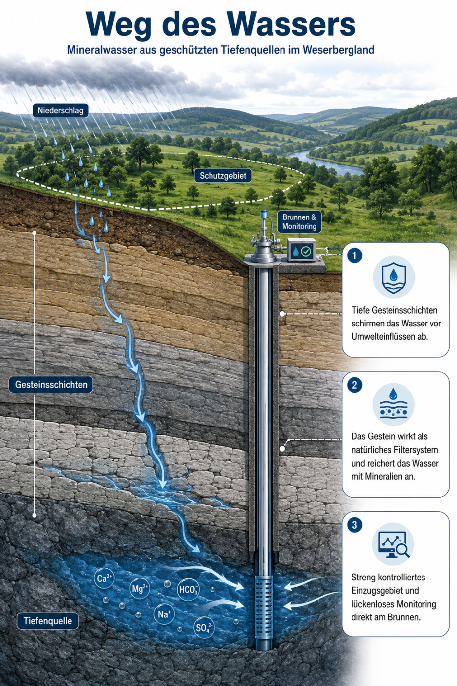 Infografik zeigt, wie Niederschlag im Weserbergland durch geschützte Gesteinsschichten versickert, natürlich gefiltert und als mineralreiches Tiefenwasser über einen kontrollierten Brunnen gefördert wird.