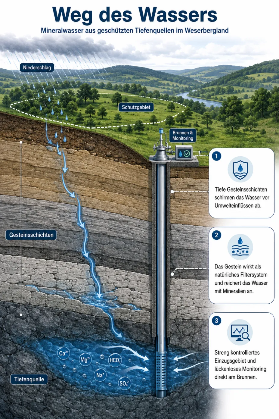 Infografik zeigt, wie Niederschlag im Weserbergland durch geschützte Gesteinsschichten versickert, natürlich gefiltert und als mineralreiches Tiefenwasser über einen kontrollierten Brunnen gefördert wird.