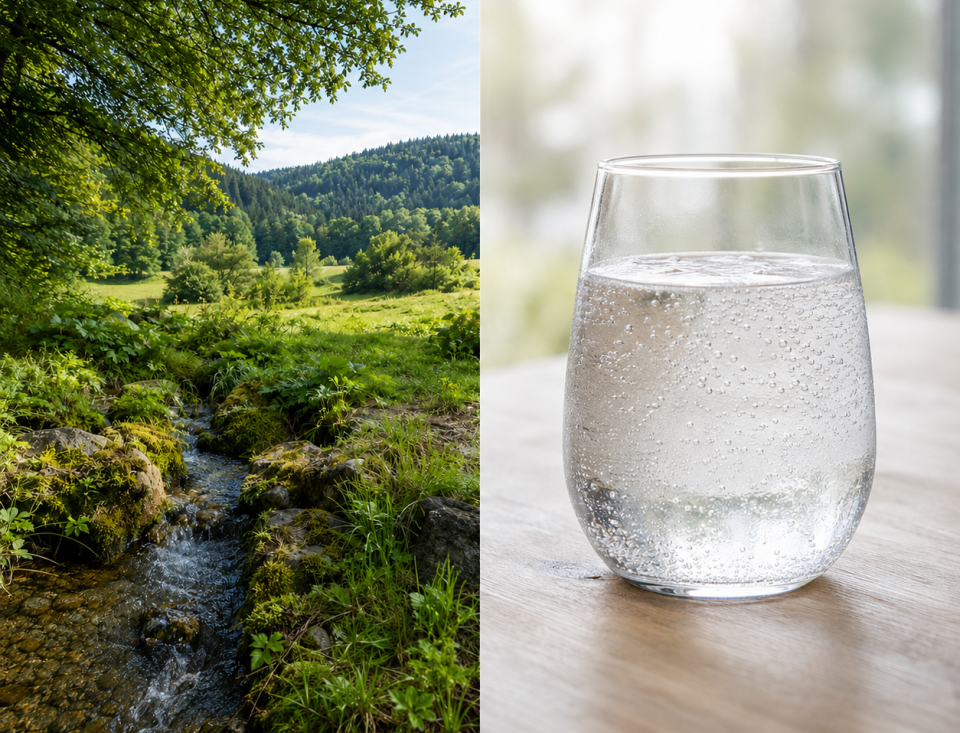 Links fließt ein klarer Bach durch eine grüne Waldlandschaft, rechts steht ein Glas sprudelndes Mineralwasser auf einem hellen Tisch.