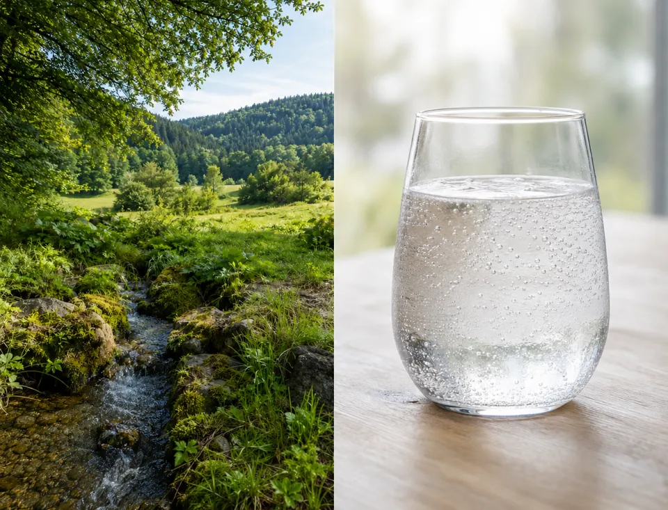 Links fließt ein klarer Bach durch eine grüne Waldlandschaft, rechts steht ein Glas sprudelndes Mineralwasser auf einem hellen Tisch.