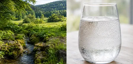 Links fließt ein klarer Bach durch eine grüne Waldlandschaft, rechts steht ein Glas sprudelndes Mineralwasser auf einem hellen Tisch.