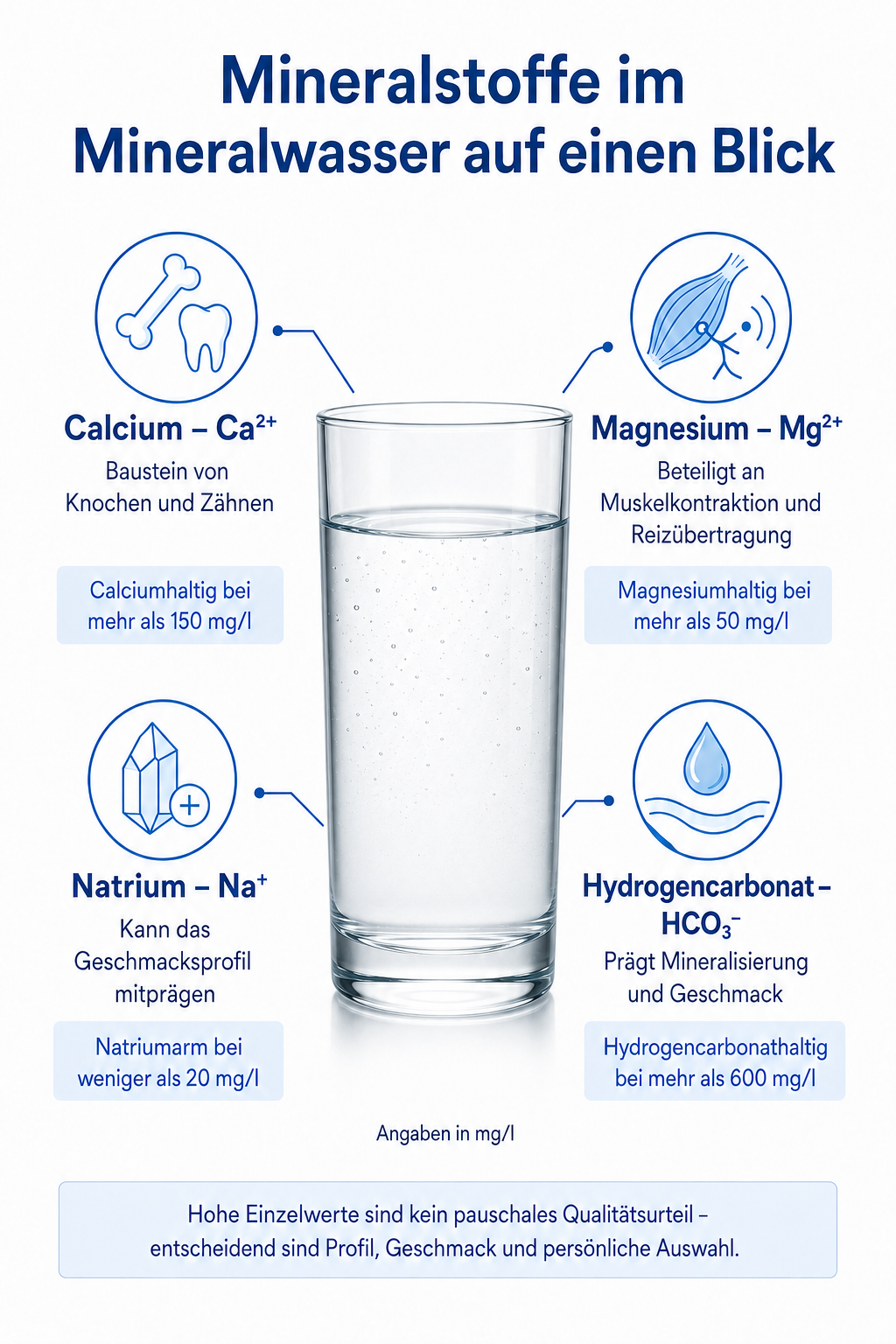 Infografik „Mineralstoffe im Mineralwasser auf einen Blick“ mit einem gefüllten Wasserglas in der Mitte. Calcium ist Baustein von Knochen und Zähnen; als calciumhaltig gilt Mineralwasser bei mehr als 150 mg/l. Magnesium ist an Muskelkontraktion und Reizübertragung beteiligt; als magnesiumhaltig gilt es bei mehr als 50 mg/l. Natrium kann das Geschmacksprofil mitprägen; natriumarm bedeutet weniger als 20 mg/l. Hydrogencarbonat prägt Mineralisierung und Geschmack; als hydrogencarbonathaltig gilt Mineralwasser bei mehr als 600 mg/l. Hohe Einzelwerte sind kein pauschales Qualitätsurteil – entscheidend sind Profil, Geschmack und persönliche Auswahl.