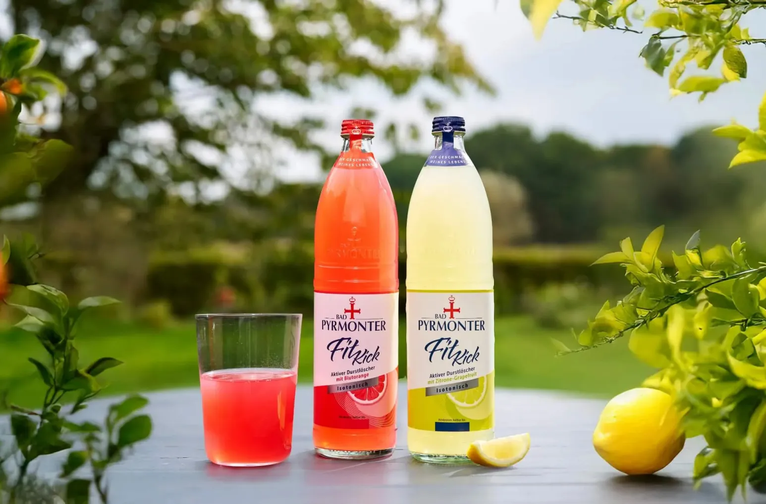 Zwei 0,75-l-Glasflaschen BAD PYRMONTER Fit Kick in den Sorten Zitrone-Grapefruit und Blutorange stehen neben einem gefüllten Glas und einer Zitronenspalte vor grünem Gartenhintergrund.