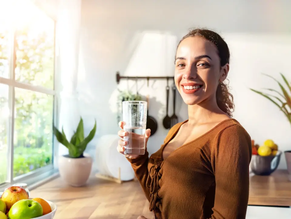 Eine lächelnde Frau steht in einer Küche und hat ein Glas Wasser in der Hand. Durch das Fenster scheint die Sonne auf sie