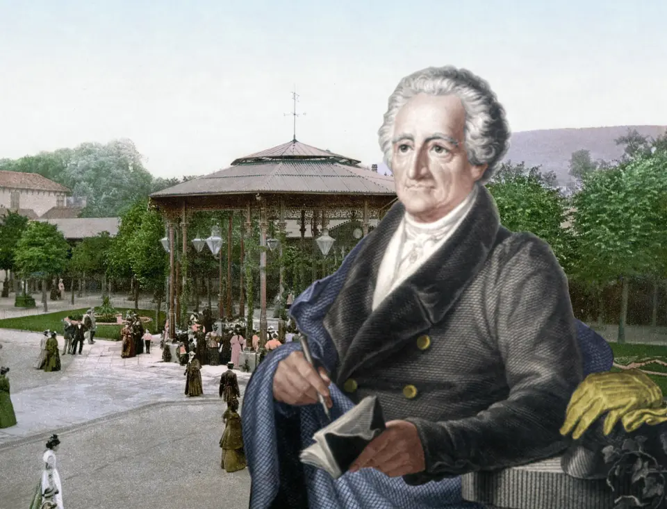 Historische Illustration von Johann Wolfgang von Goethe vor dem Brunnenplatz in Bad Pyrmont.