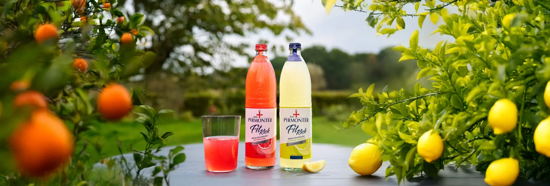 Zwei Flaschen Bad Pyrmonter FitKick in den Sorten Grapefruit und Zitrone mit Glas Getränk.