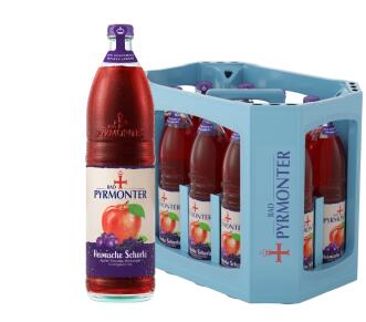 Eine Glas Flasche Bad Pyrmonter heimische Schorle Apfel Traube Holunder und dazu ein Kasten