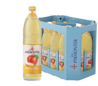 Eine Glas Flasche Bad Pyrmonter heimische Schorle Apfel Birne und dazu ein Kasten