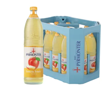 Eine Glas Flasche Bad Pyrmonter heimische Schorle Apfel Birne und dazu ein Kasten