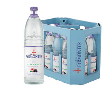 Eine Glas Flasche Bad Pyrmonter Geschmack Plus Schwarze Johannisbeere Hibiskus und dazu ein Kasten