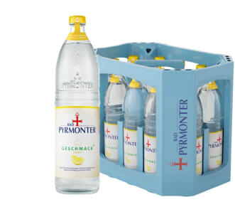 Eine Glas Flasche Bad Pyrmonter Geschmack Plus Lemon und dazu ein Kasten