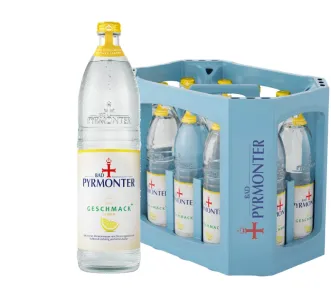 Eine Glas Flasche Bad Pyrmonter Geschmack Plus Lemon und dazu ein Kasten