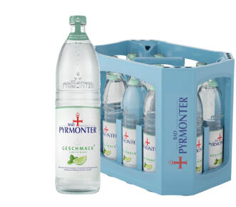 Eine Glas Flasche Bad Pyrmonter Geschmack Plus Limette-Minze und dazu ein Kasten