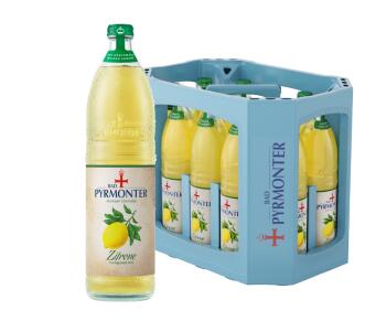 Eine Flasche Bad Pyrmonter Premium Limonade Zitrone und dazu ein Kasten