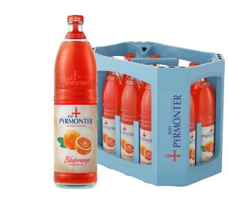 Eine Flasche Bad Pyrmonter Premium Limonade Blutorange und dazu ein Kasten