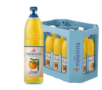 Eine Flasche Bad Pyrmonter Premium Limonade Orange und dazu ein Kasten